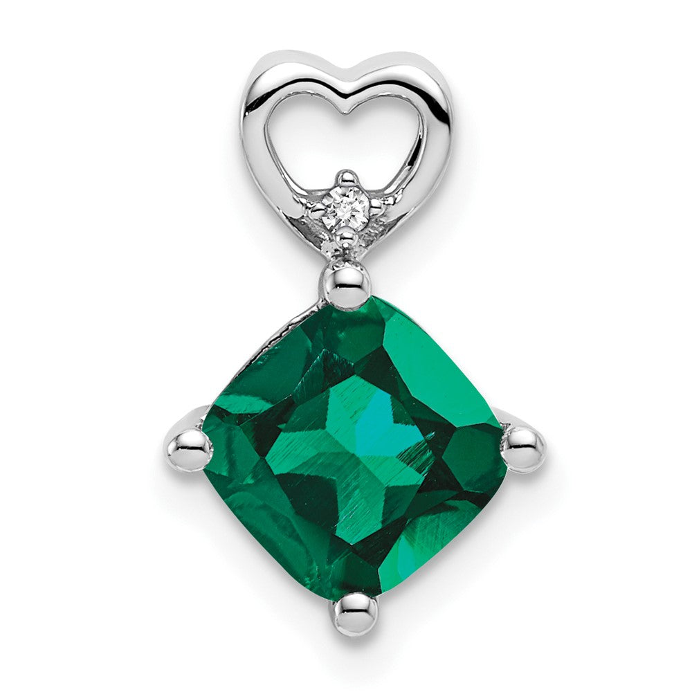 14k White Gold Created Emerald and Diamond Heart Chain Slide (0.9 grams)