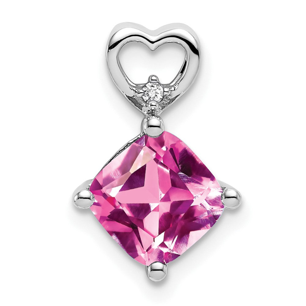 14k White Gold Created Pink Sapphire and Diamond Heart Chain Slide (0.9 grams)