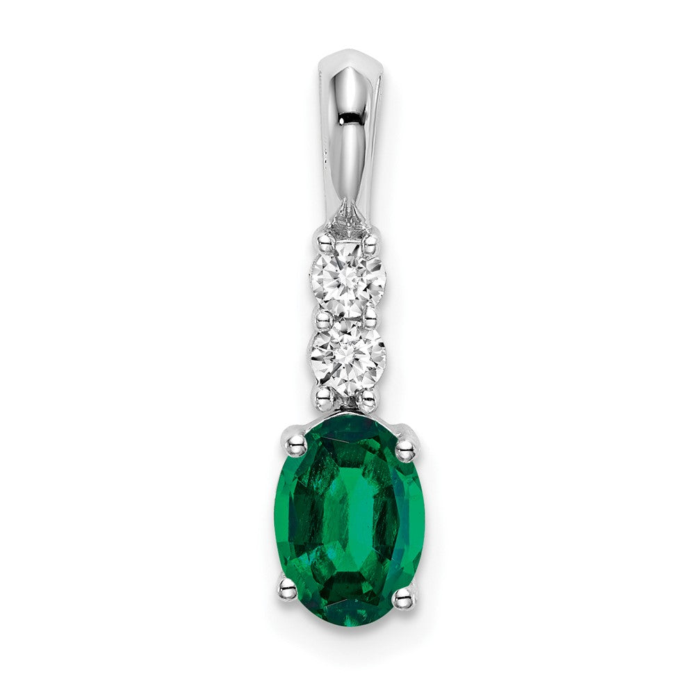 14k White Gold Oval Created Emerald and Diamond Pendant (0.7 grams)