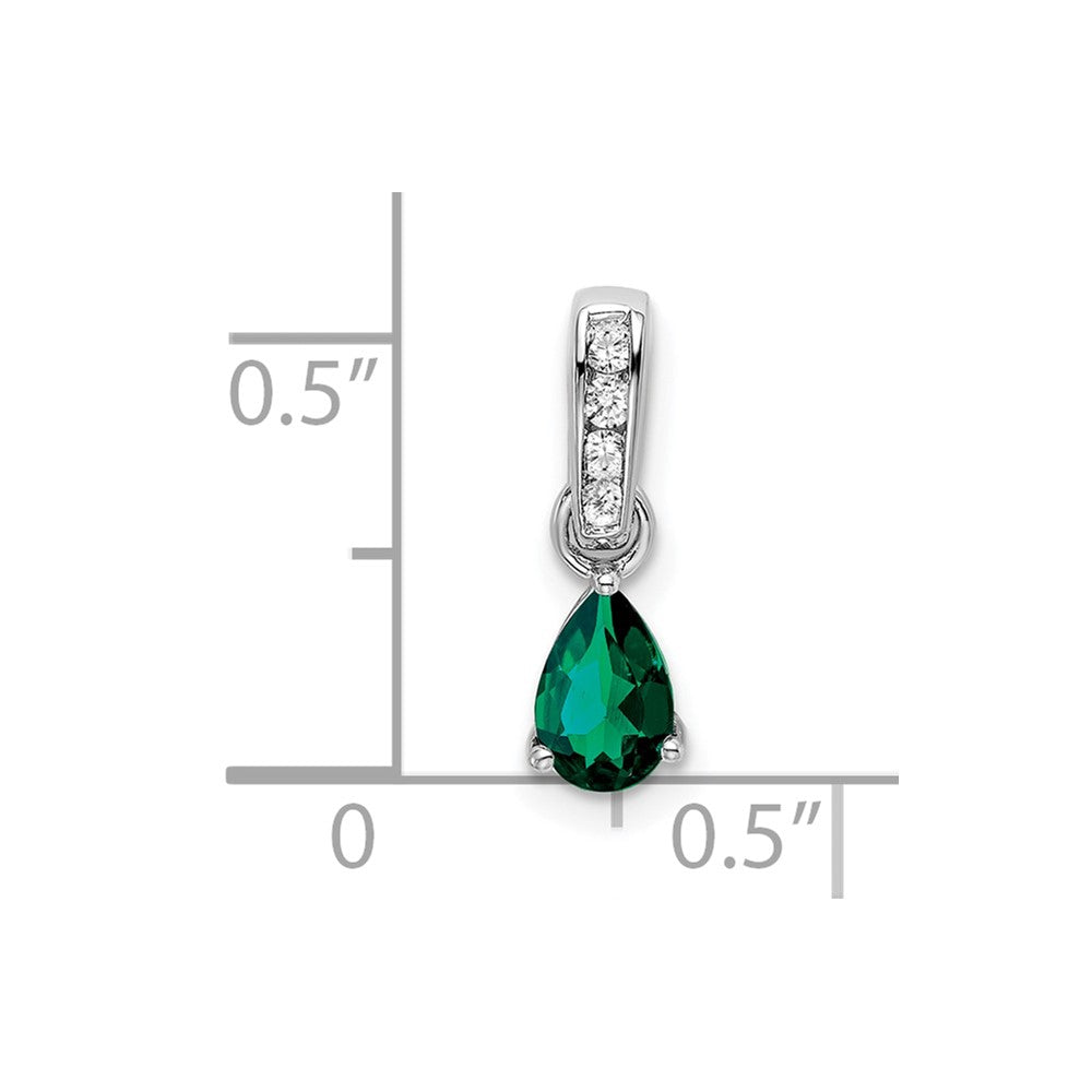14K White Gold Pear Created Emerald and Diamond Pendant (0.55 grams)