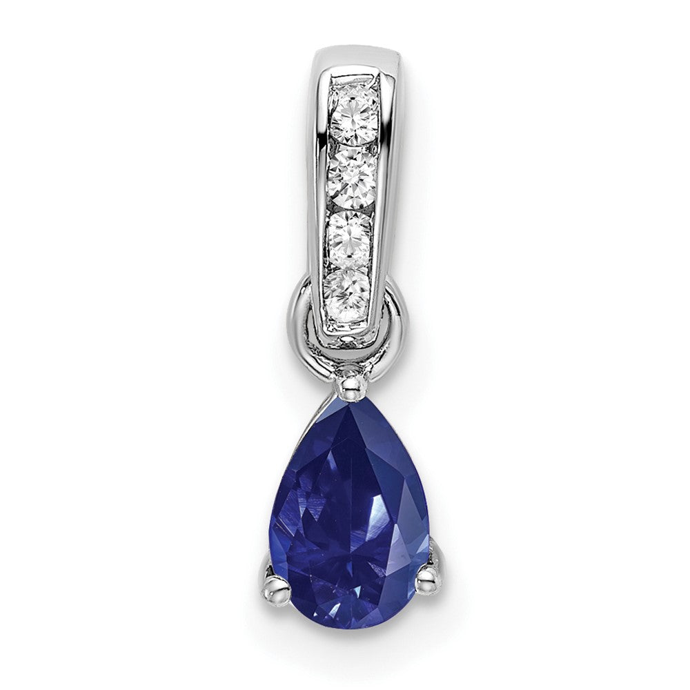14K White Gold Pear Created Sapphire and Diamond Pendant (0.55 grams)