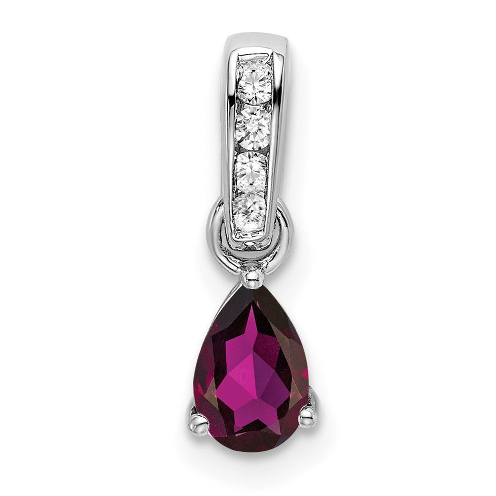 14K White Gold Pear Rhodolite Garnet and Diamond Pendant (0.55 grams)