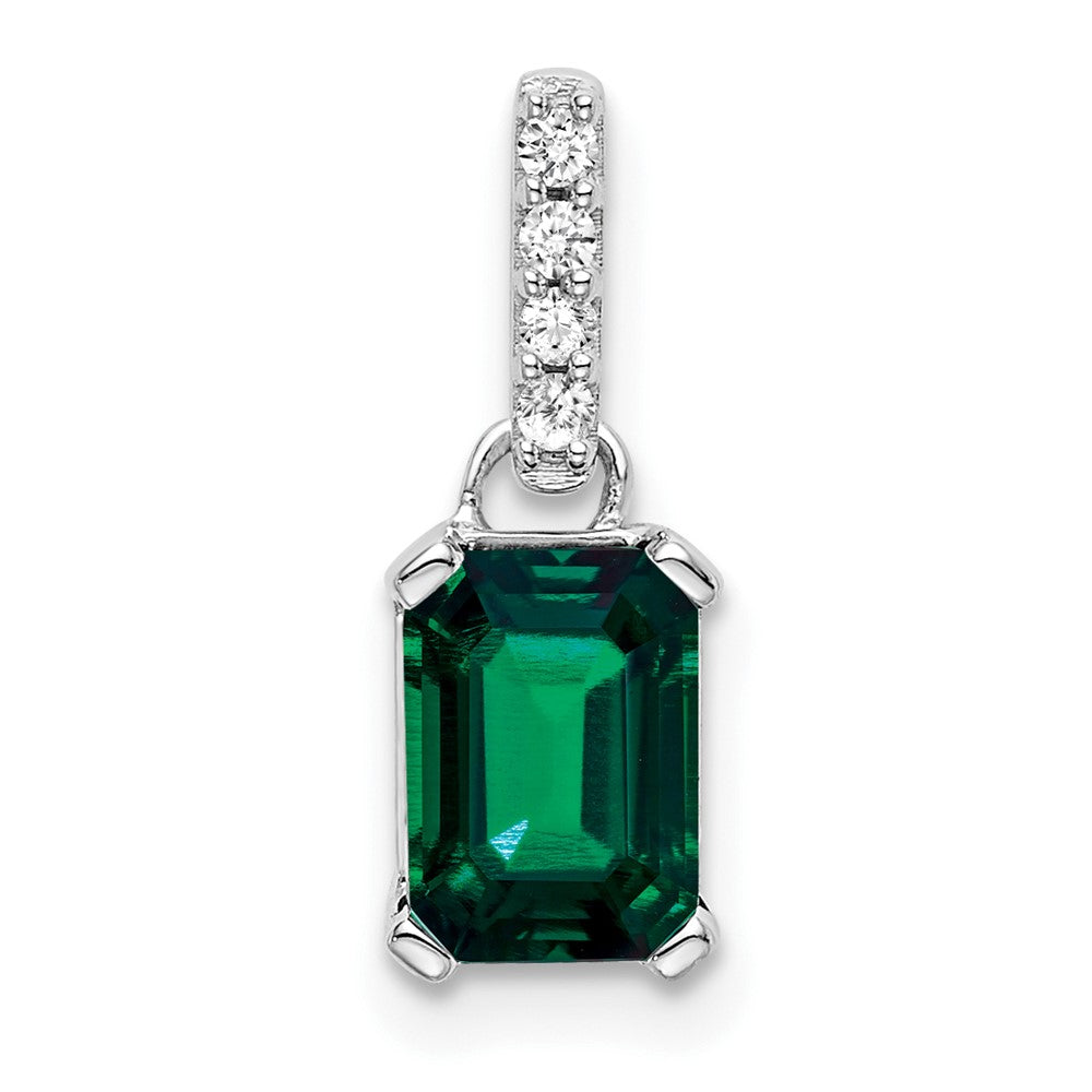 14K White Gold Created Emerald and Diamond Pendant (0.85 grams)