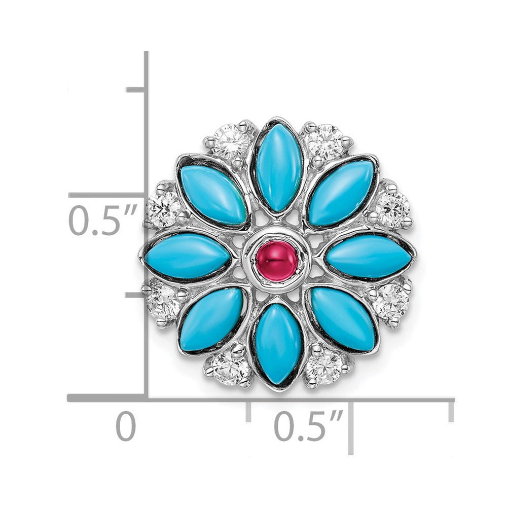 14k White Gold Turquoise/Creat. Ruby/White Topaz Floral Chain Slide (2.1 grams)
