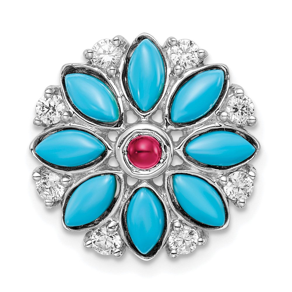 14k White Gold Turquoise/Creat. Ruby/White Topaz Floral Chain Slide (2.1 grams)