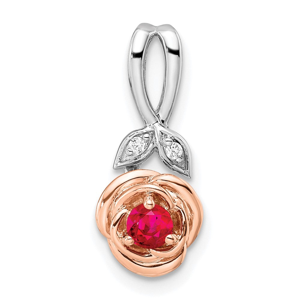 14K Two-tone White & Rose Ruby and Diamond Flower Pendant (2.1 grams)