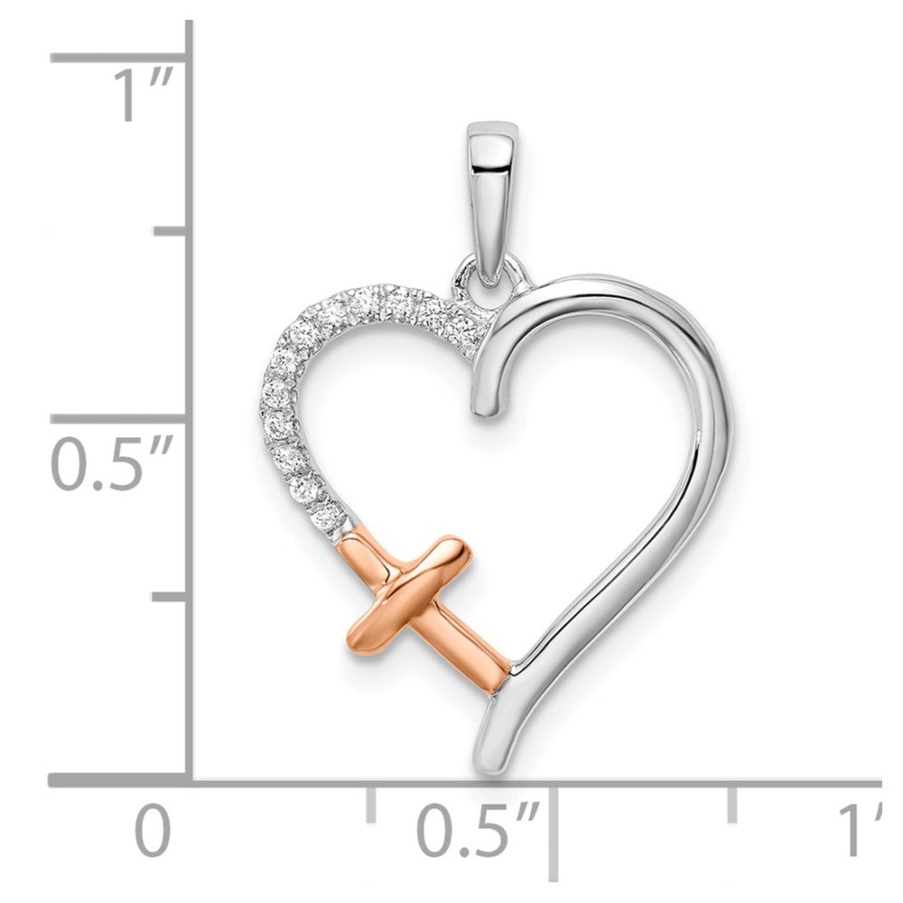 14k Two-tone 16.9 mm White and Rose Heart w/Cross Diamond Pendant (1.19 grams)