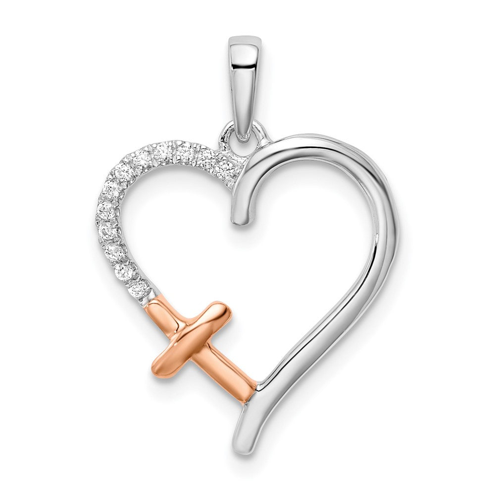 14k Two-tone 16.9 mm White and Rose Heart w/Cross Diamond Pendant (1.19 grams)