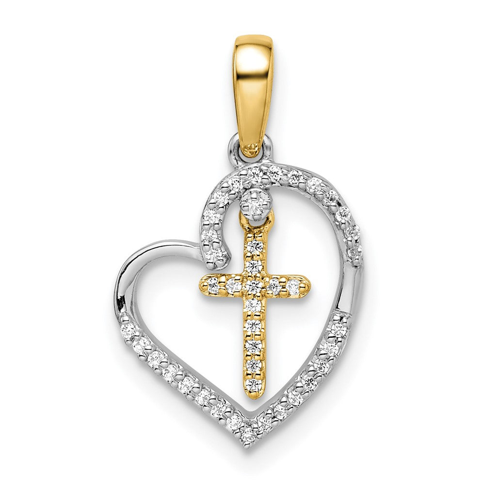14k Two-tone 12.55 mm Heart with Cross Diamond Pendant (1.14 grams)