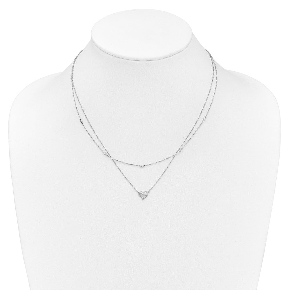 14k White Gold 1/5 carat Pave Diamond Double Strand Heart 18 inch Necklace (3.66 grams)