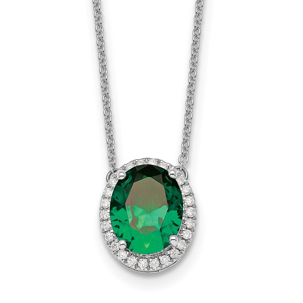 14k White Gold 11 mm Oval Created Emerald/Diamond in. Halo Necklace (2.23 grams)