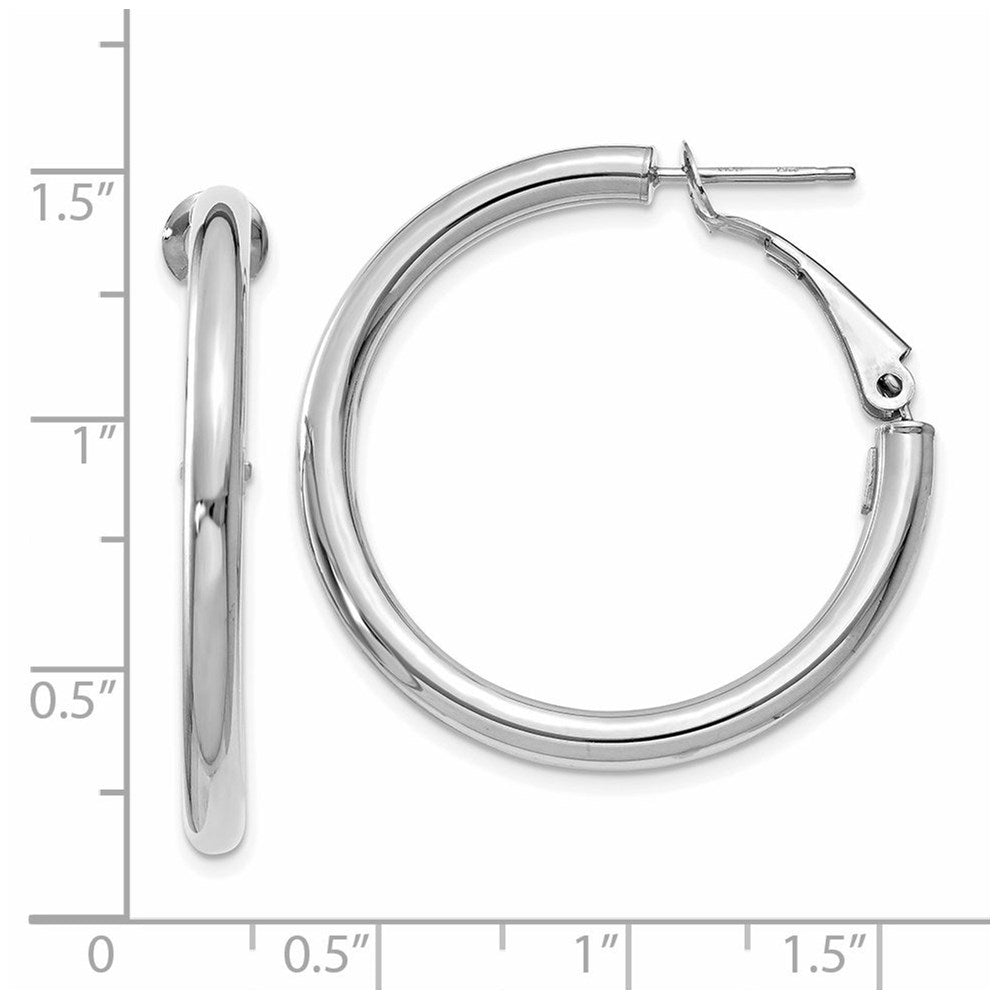 14k White Gold 32.5 mm Polished Round Omega Back Hoop Earrings (3.34 grams)