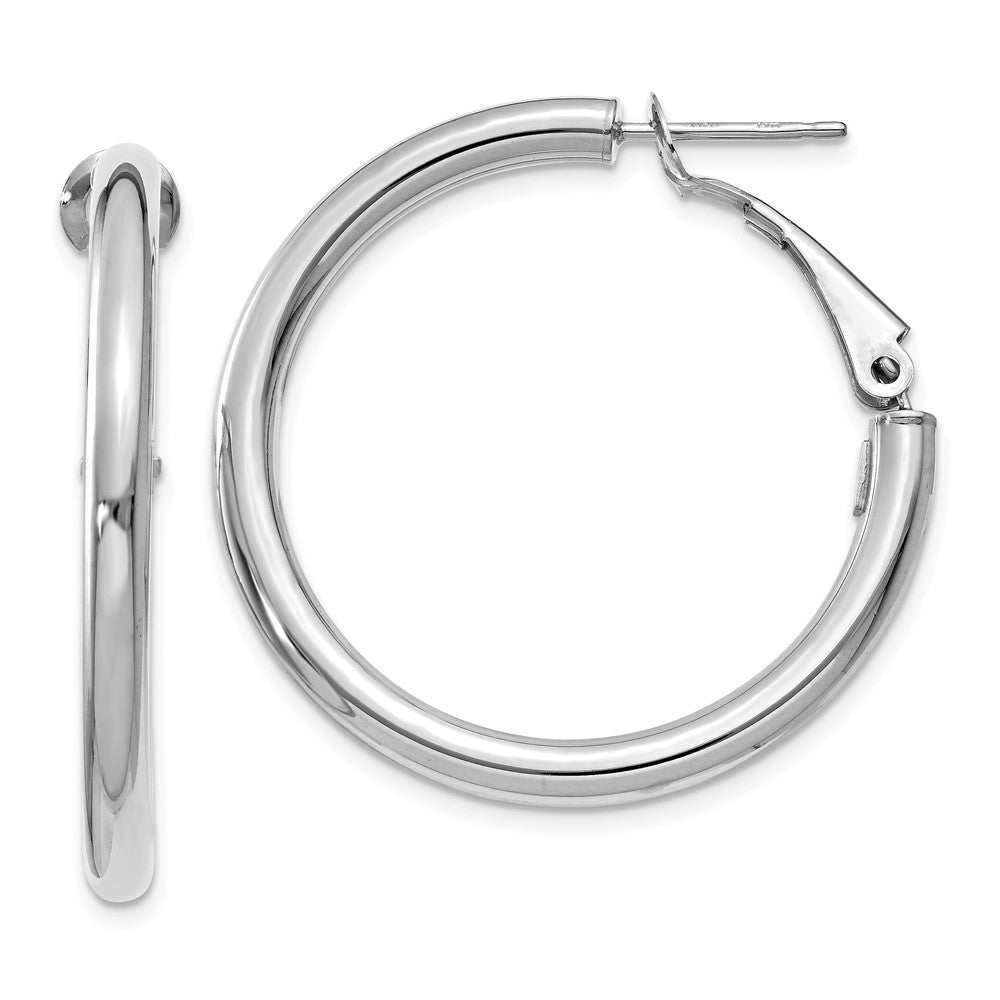 14k White Gold 32.5 mm Polished Round Omega Back Hoop Earrings (3.34 grams)