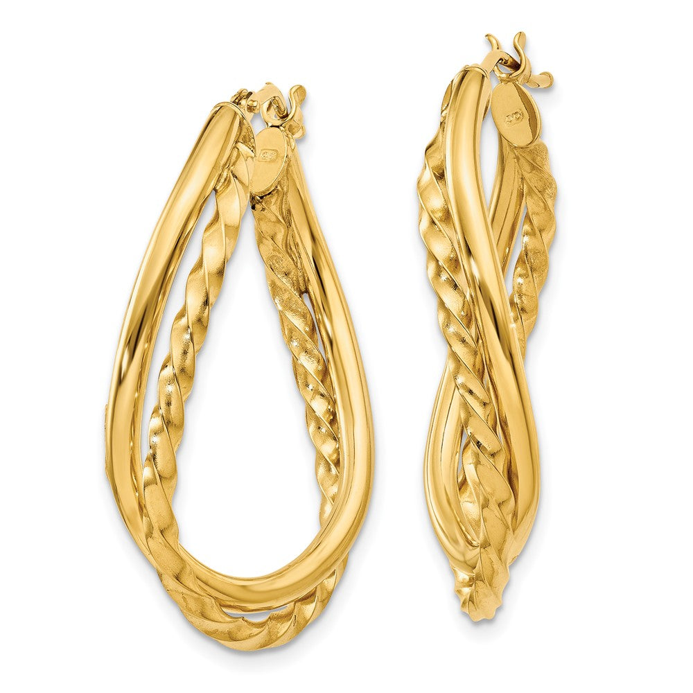 14k Yellow Gold 3 mm Textured and Polished Twist Oval Hoop Earrings