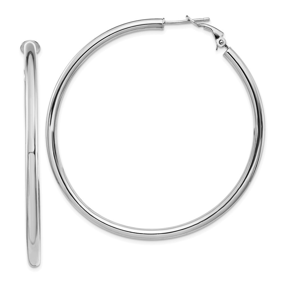 14k White Gold 57 mm Polished Round Omega Back Hoop Earrings (5.48 grams)