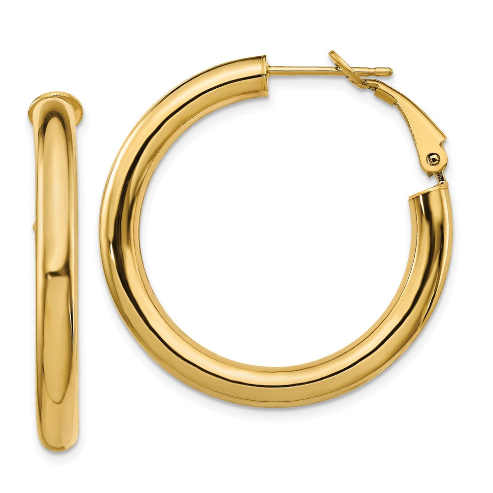 14k Yellow Gold 34 mm Polished Round Omega Back Hoop Earrings