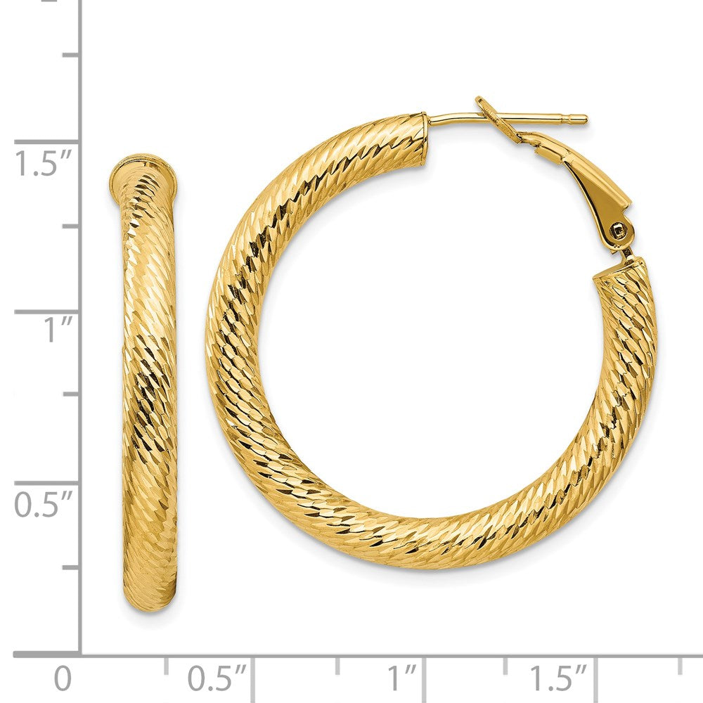 14k Yellow Gold 33.6 mm Diamond-cut Round Omega Back Hoop Earrings (3.89 grams)