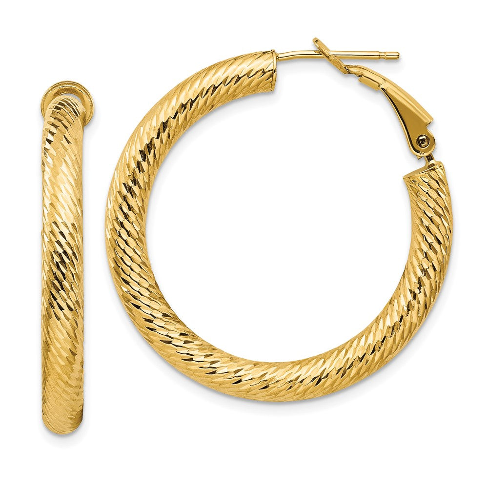 14k Yellow Gold 33.6 mm Diamond-cut Round Omega Back Hoop Earrings
