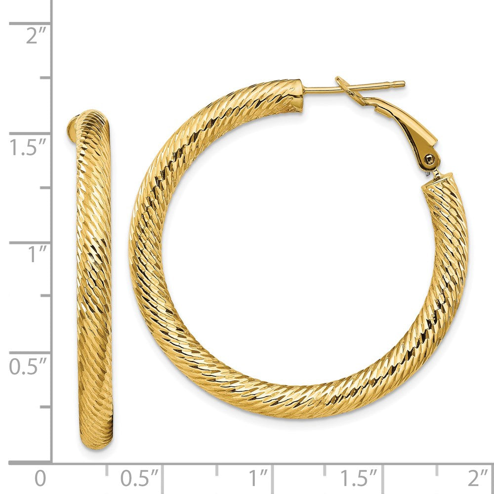 14k Yellow Gold 39.25 mm Diamond-cut Round Omega Back Hoop Earrings