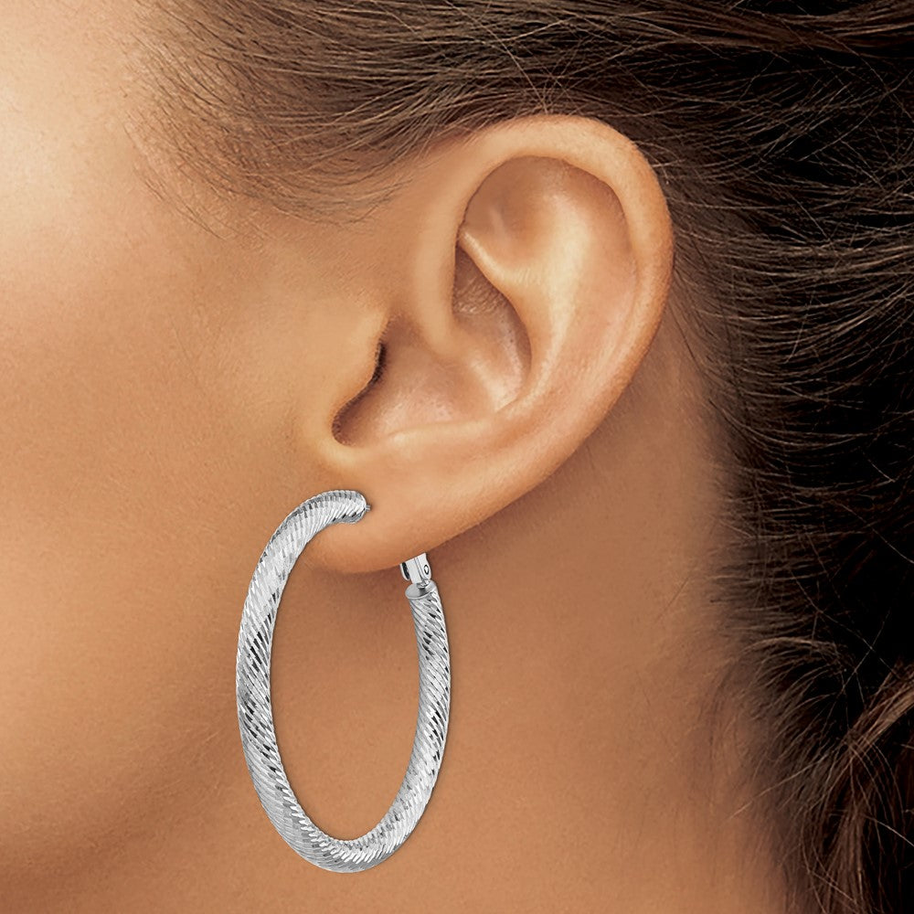 14k White Gold 45.75 mm  Diamond-cut Round Omega Back Hoop Earrings