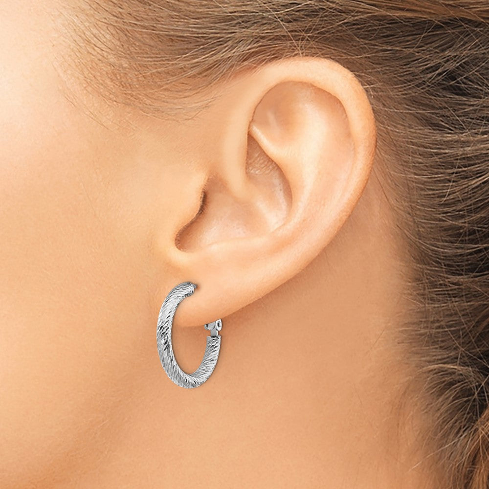 14k White Gold 21.6 mm  Diamond-cut Round Omega Back Hoop Earrings