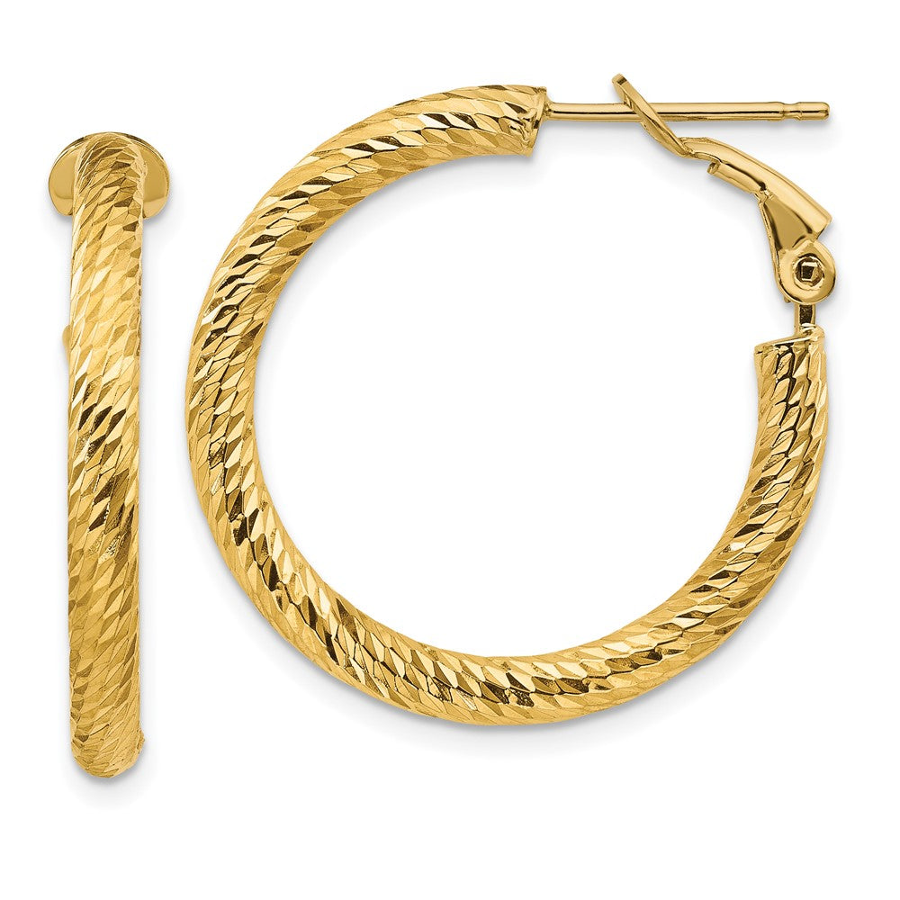 14k Yellow Gold 27 mm Diamond-cut Round Omega Back Hoop Earrings