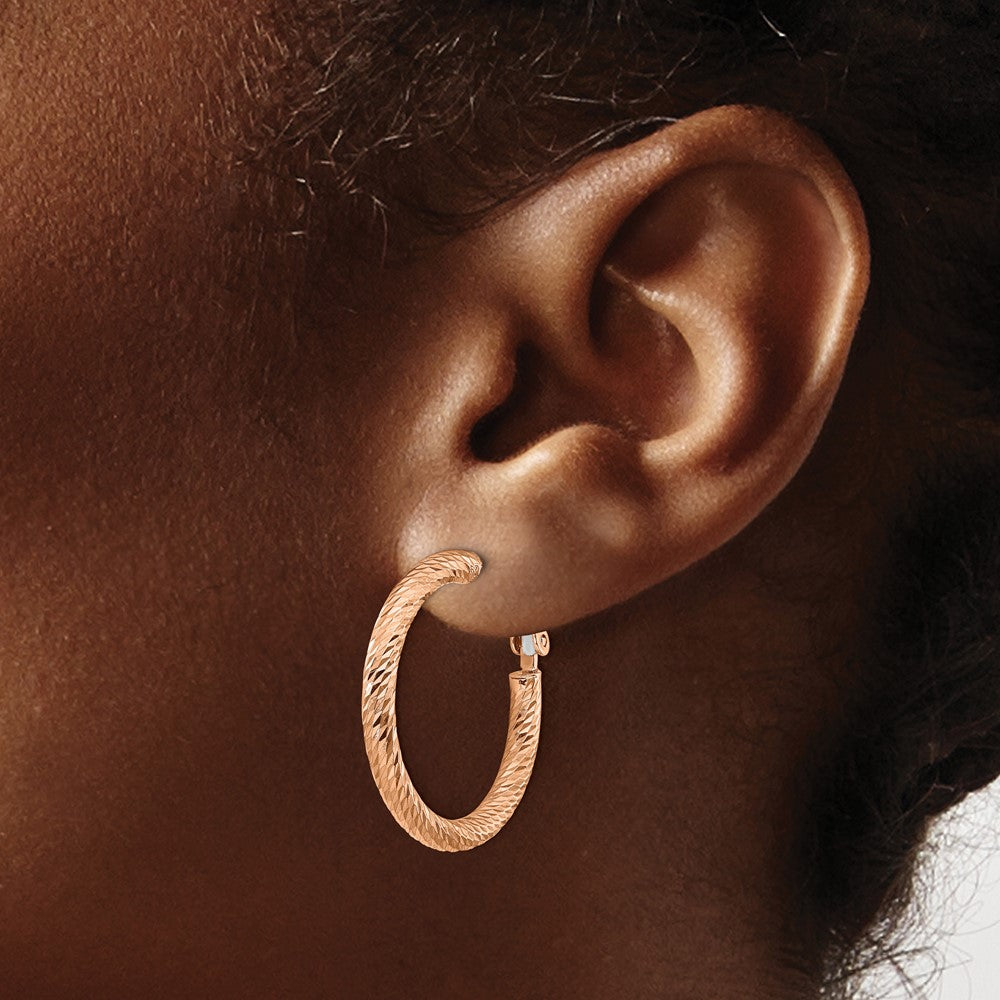 14k Rose Gold 27 mm Polished Rose Gold D/C Round Omega Back Hoop Earrings
