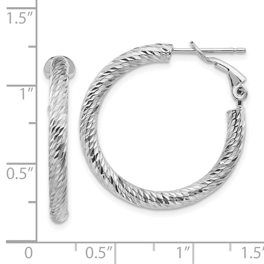 14k White Gold 27 mm  Diamond-cut Round Omega Back Hoop Earrings