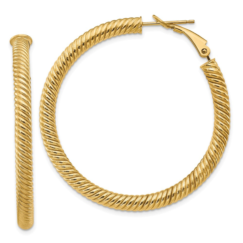 14k Yellow Gold 44 mm Twisted Round Omega Back Hoop Earrings (5.21 grams)