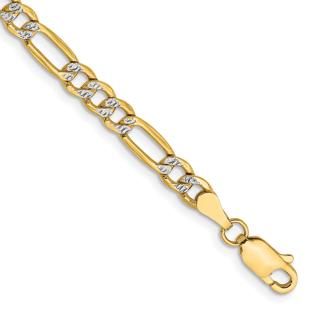 14k 3.9mm Semi-solid with Rhodium Pavé Figaro Chain Bracelet (2.86 grams)