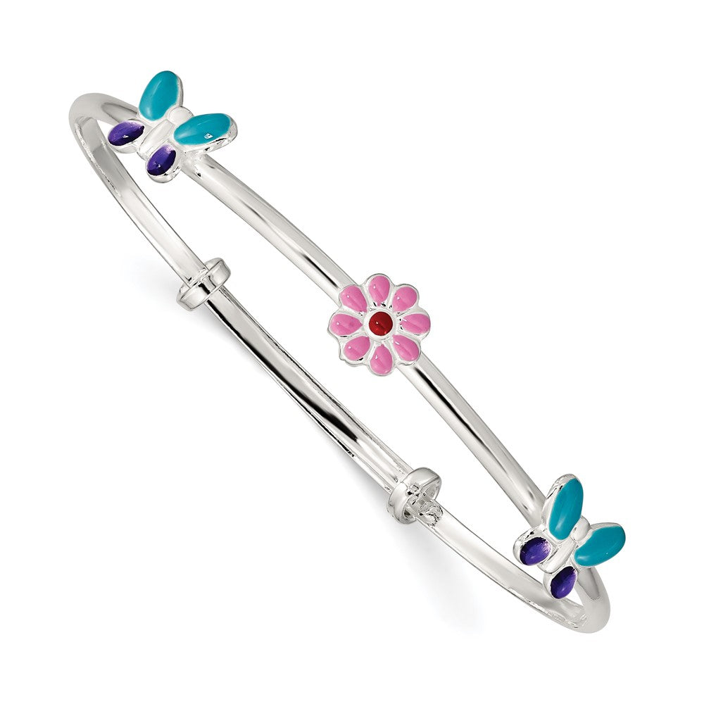 Sterling Silver Enameled Flower & Butterfly Adjustable Children's Bangle (4.38 grams)