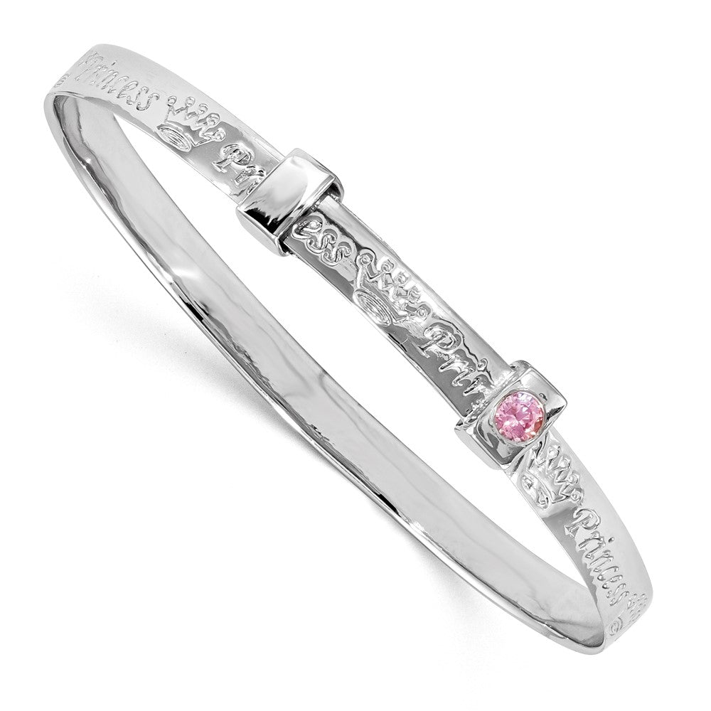 Sterling Silver RH-plated Pink CZ PRINCESS Adjustable Children's Bangle (4.16 grams)