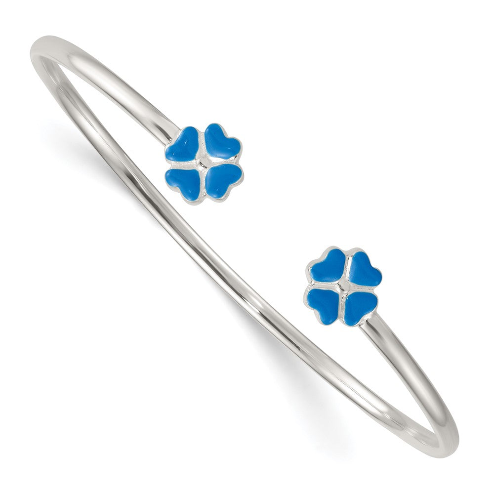 Sterling Silver Polished Enameled Blue Clover Children's Cuff Bangle (4.92 grams)