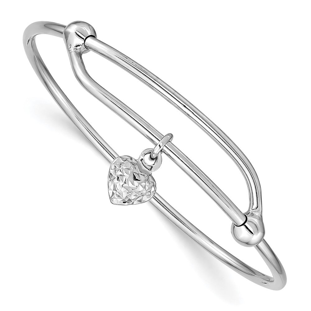 Sterling Silver RH-plated Polished & D/C Heart Adjustable Baby Bangle (3.75 grams)