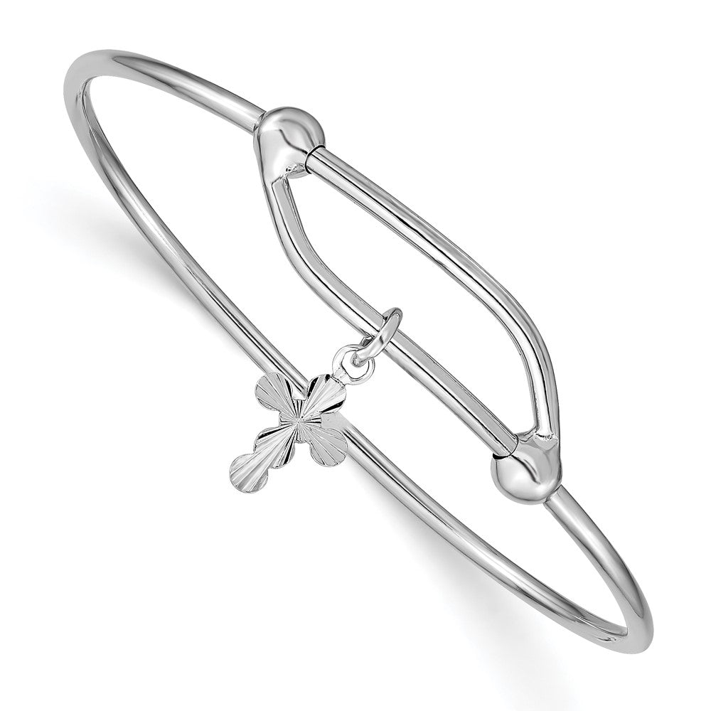 Sterling Silver RH-plated Polished & D/C Cross Adjustable Baby Bangle (3.7 grams)