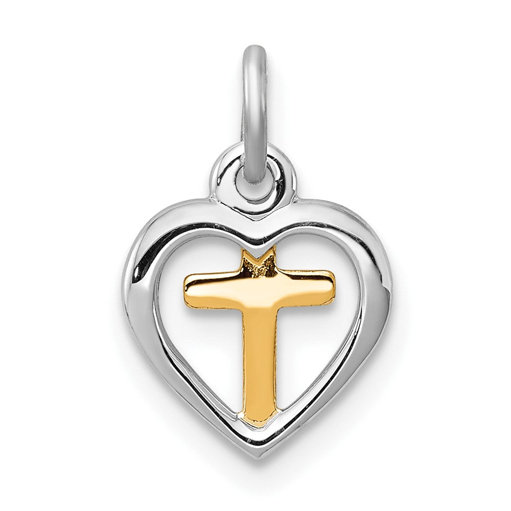 Sterling Silver Rhodium-plated & Vermeil Cross in Heart Charm (0.5 grams)