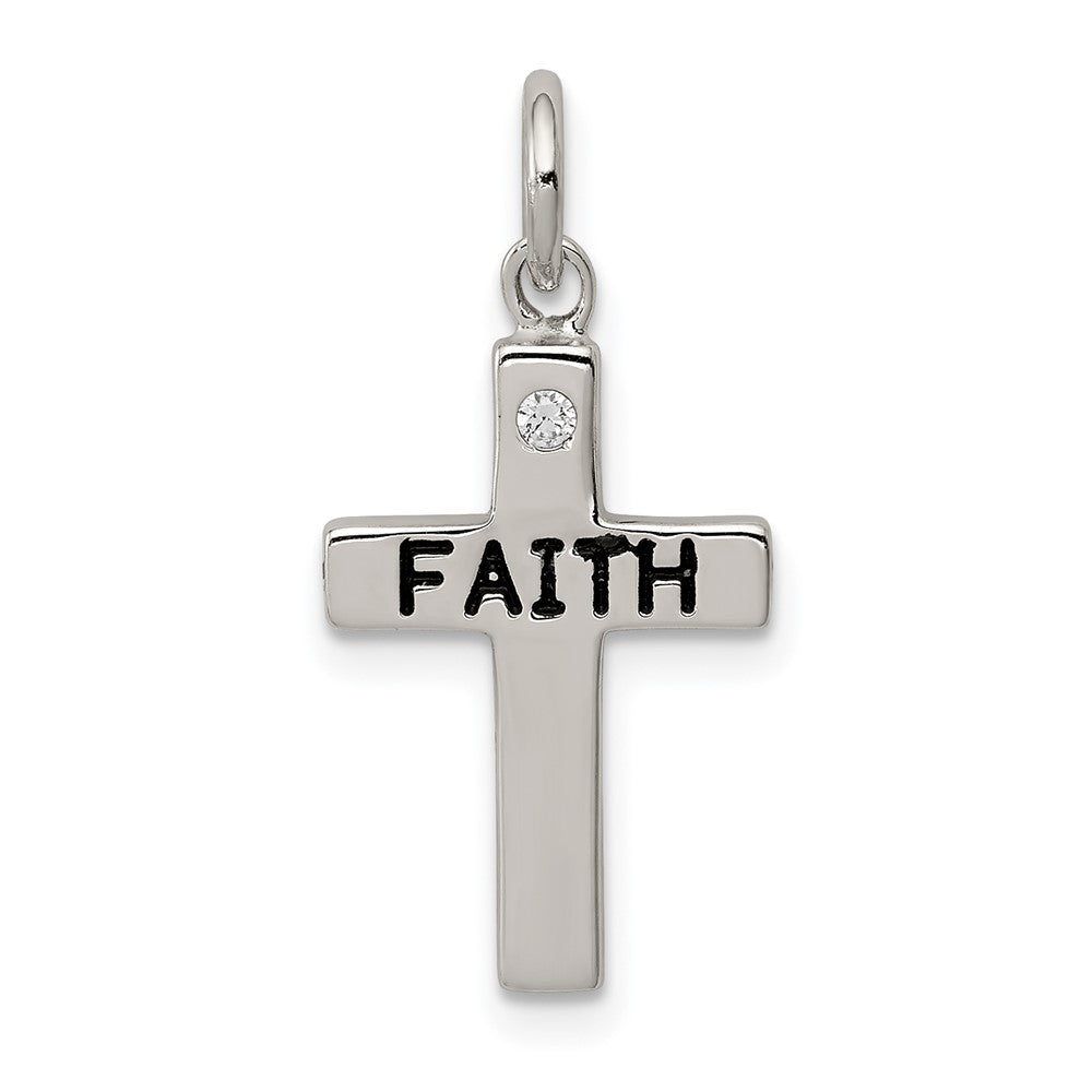 Sterling Silver Rhodium-plated Black Ink FAITH and CZ Antiqued Cross Charm (1.11 grams)