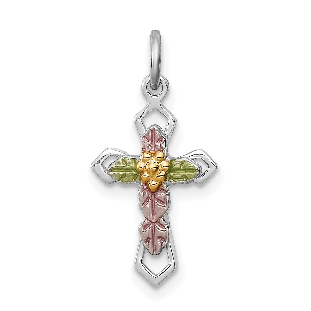 Sterling Silver Rhodium-plated Polished Epoxy & Gold-plated Cross Pendant (0.6 grams)