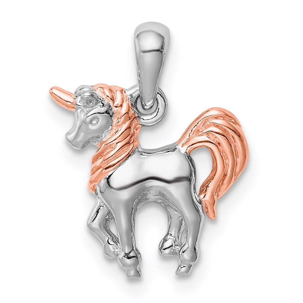 Sterling Silver Rhodium-plated Rose Gold-plated 3D Unicorn Pendant (1.74 grams)