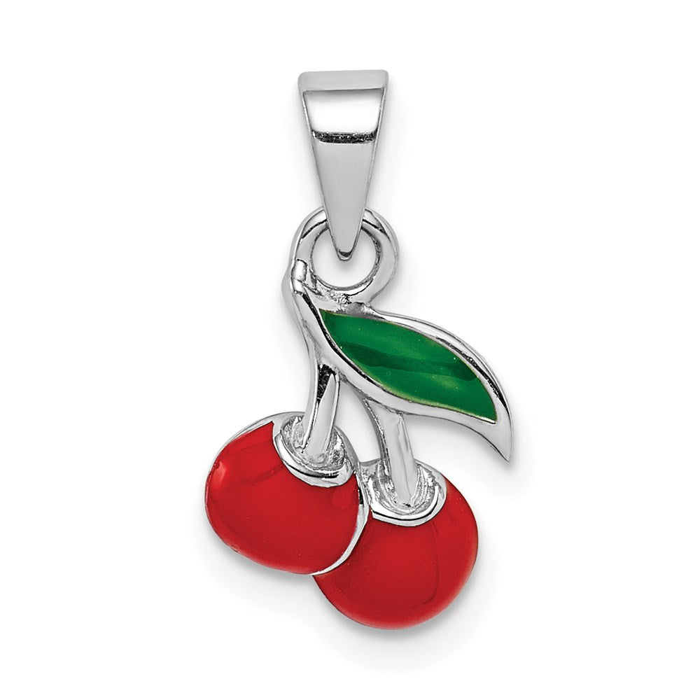 Sterling Silver RH-plated Red & Green Enameled Cherry Children's Pendant (0.79 grams)