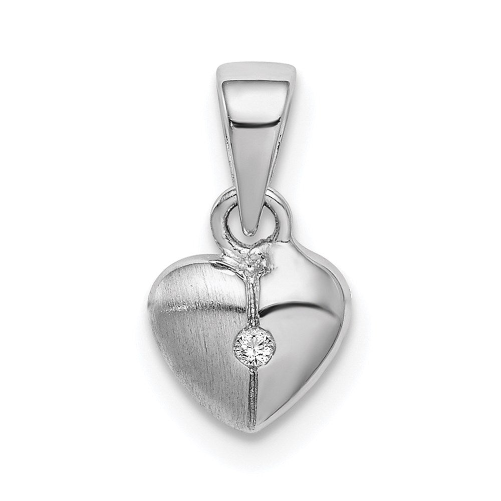 Sterling Silver Rhod-plated Polished & Satin CZ Heart Children's Pendant (0.56 grams)