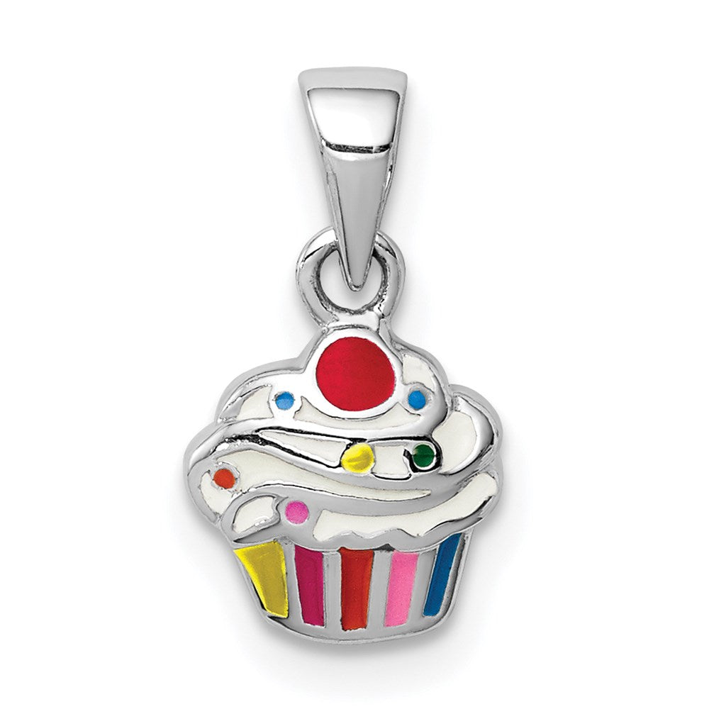 Sterling Silver RH-plated Multi-color Enameled Cupcake Children's Pendant (0.83 grams)