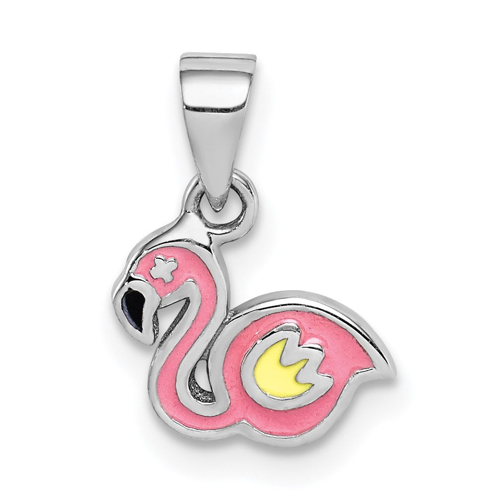 Sterling Silver RH-plated Multi-color Enamel Flamingo Children's Pendant (0.63 grams)