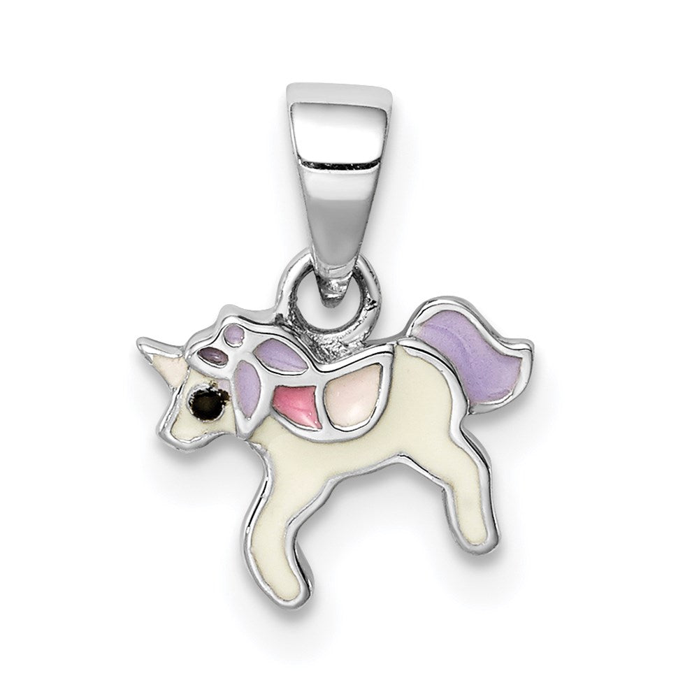 Sterling Silver RH-plated Multi-color Enameled Unicorn Children's Pendant (0.57 grams)