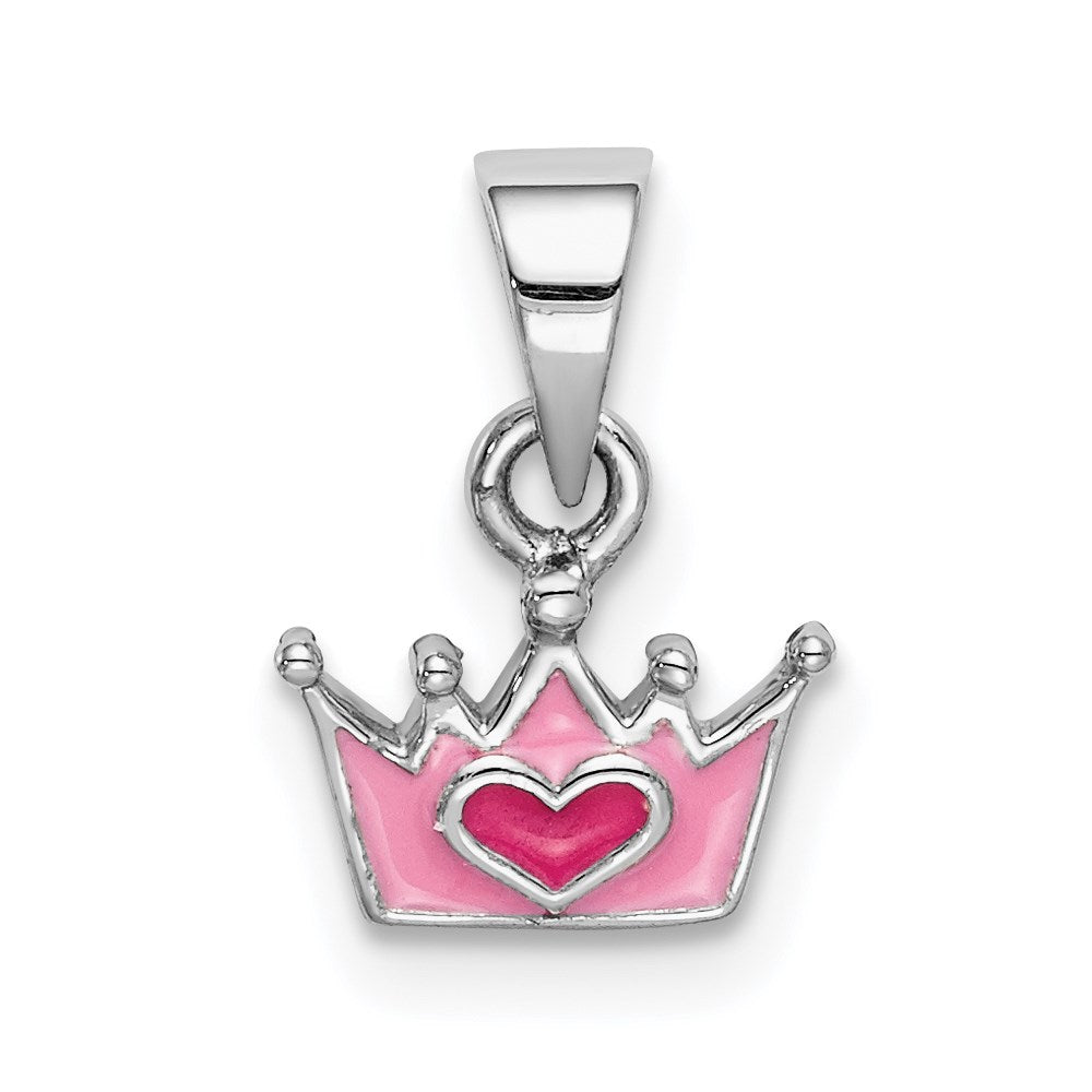 Sterling Silver RH-plated Pink Enameled Heart Crown Children's Pendant (0.51 grams)