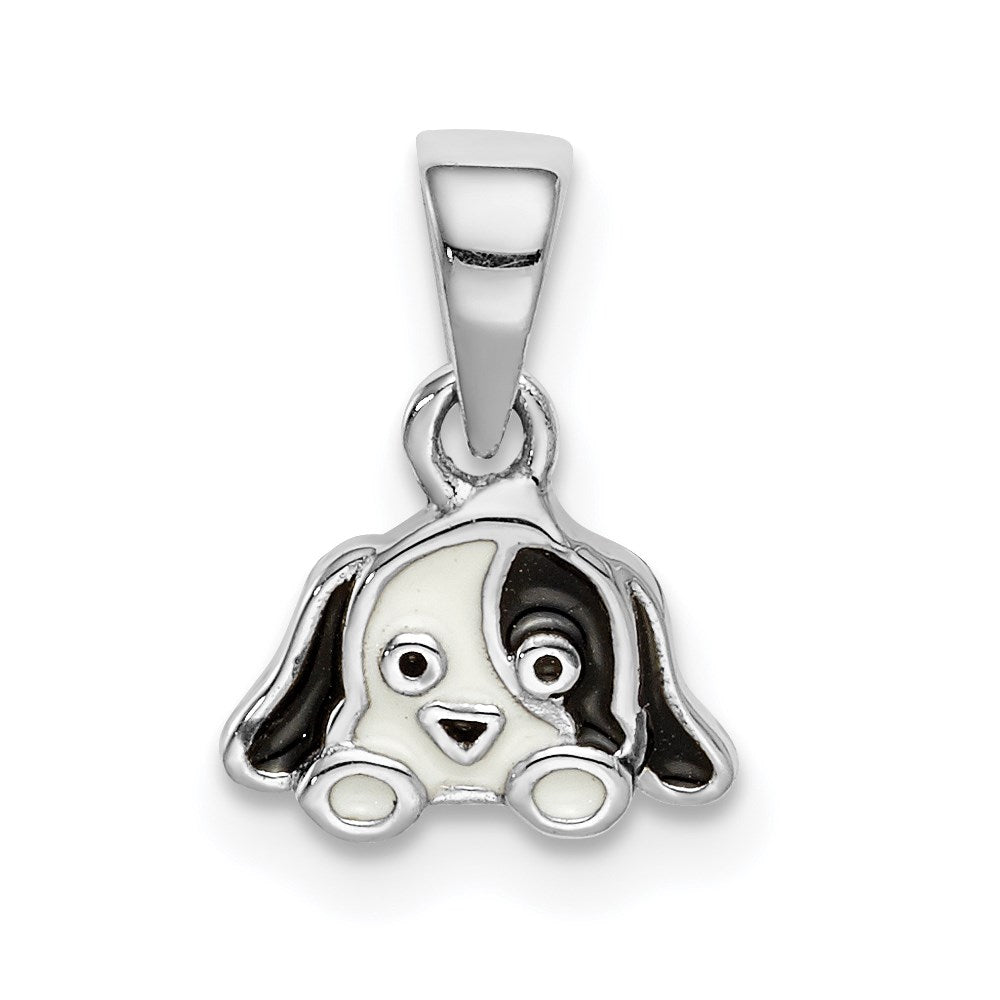 Sterling Silver RH-plated Black/White Enameled Puppy Children's Pendant (0.54 grams)