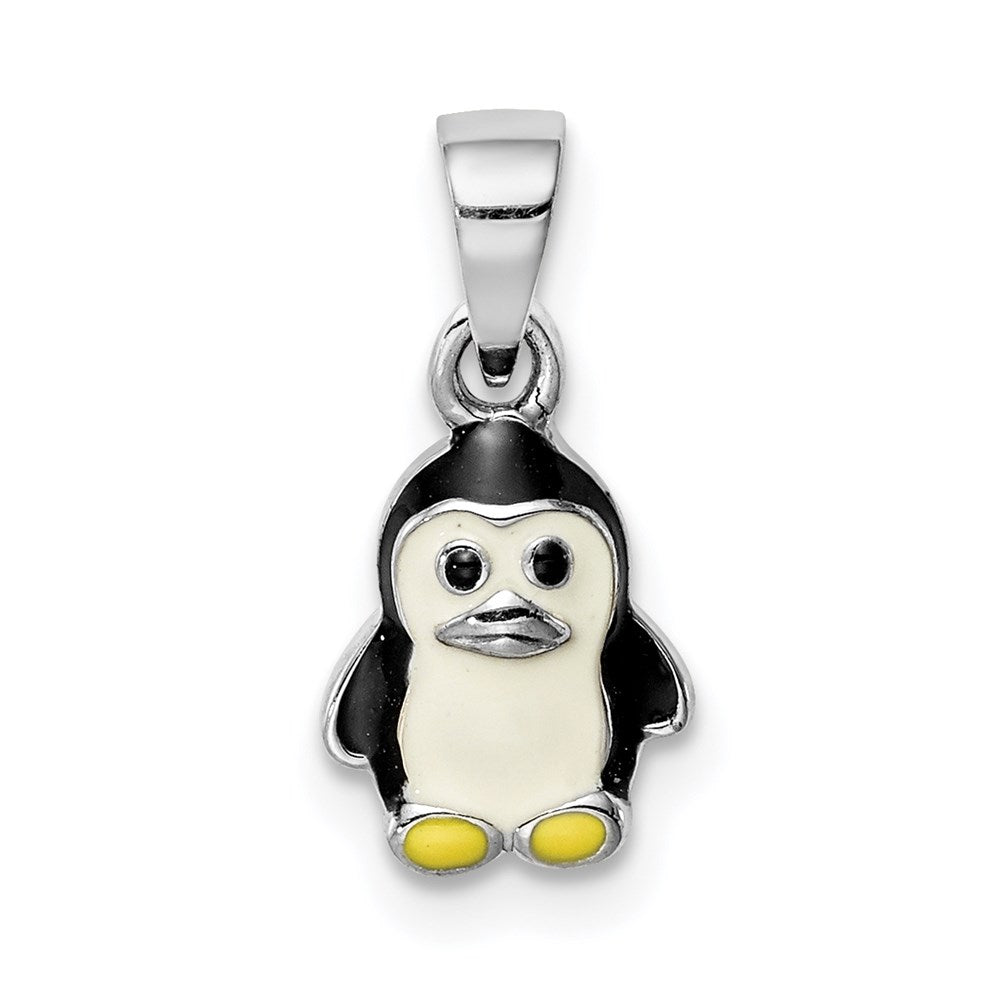 Sterling Silver RH-plated Multi-color Enameled Penguin Children's Pendant (0.77 grams)