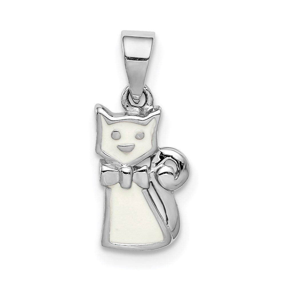 Sterling Silver RH-plated Polished White Enameled Cat Children's Pendant (0.93 grams)