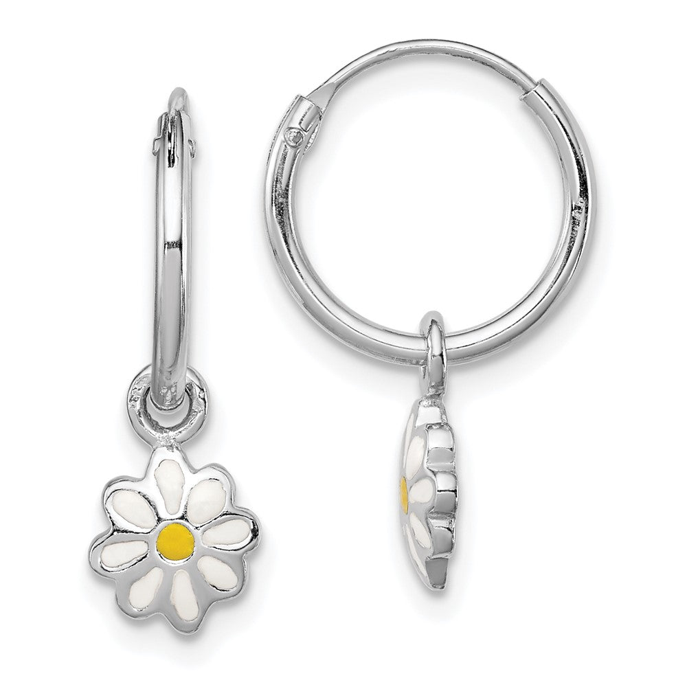 Sterling Silver RH-plated Enamel Daisy Children's Round Hoop Earrings (1.18 grams)