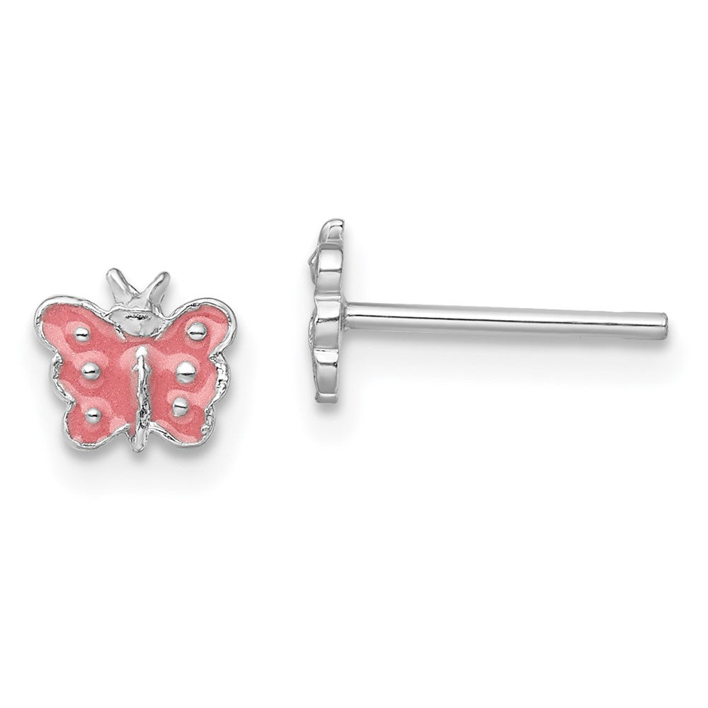 Sterling Silver RH-plated Pink Enameled Butterfly Post Earrings (0.58 grams)